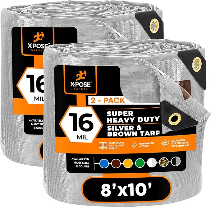 Xpose Safety Super Heavy-Duty 8' x 10' Silver/Brown Poly Tarp (2-Pack) - 16 Mil Waterproof & UV Resistant, Rip-Proof with Reinforced Edges & Grommets
