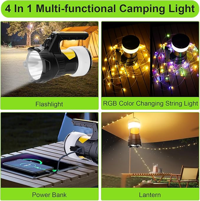 LED Camping Lantern Rechargeable, Camping Flashlight Spotlight 1200LM, 47.6FT Fairy Lights 6 Light Modes for Holiday Decoration, Emergency, Hiking, Power Outages, Camping Essentials