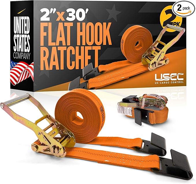 US Cargo Control Flat Hook Ratchet Straps 2 Inch X 30 Foot (2-Pack), 10,000 LBS Break Strength, Orange Heavy Duty Ratchet Straps with Black Flat Hooks, Tie Downs for Flatbed Trailer