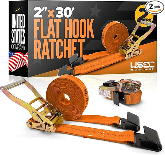 US Cargo Control Flat Hook Ratchet Straps 2 Inch X 30 Foot (2-Pack), 10,000 LBS Break Strength, Orange Heavy Duty Ratchet Straps with Black Flat Hooks, Tie Downs for Flatbed Trailer