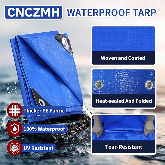 Tarp Heavy Duty Waterproof 6x6 Feet, 10 Mil Thick Blue Poly Tarps Outdoor, Metal Grommets, Reinforced Edges, Multipurpose Tarpaulin Protective Cover for Camping, Boat, Swimming Pools,