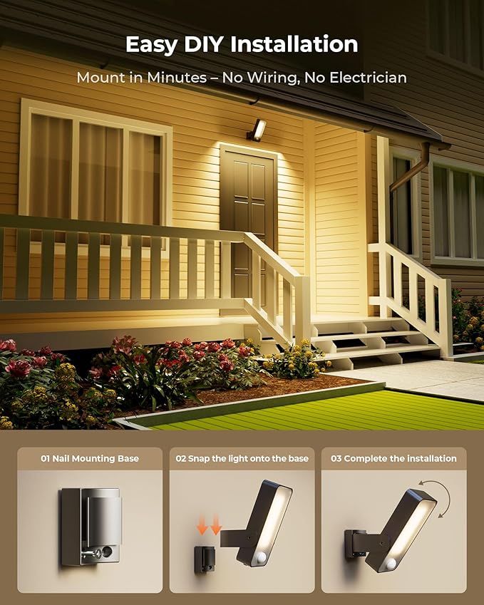 Motion Sensor Outdoor Light, 10000mAh Rechargeable 600 Lumen Battery Operated Outdoor Light with 3 Modes, 3 Color Temperatures, Waterproof Outdoor Security Lights for House, Fences, Patio