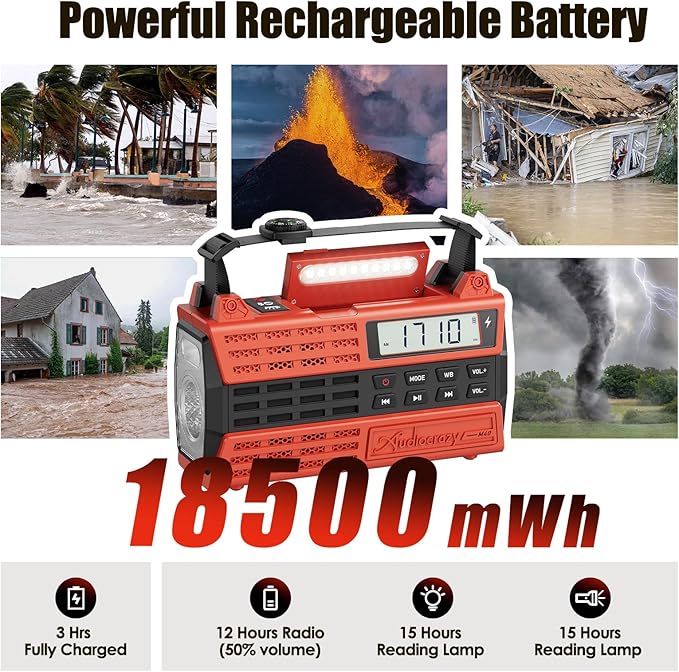 Emergency Crank Radio, 5000mAh/18500mWh Solar Hand Crank Radio, AM/FM/NOAA Weather Radio with Bluetooth,Type C Charger, 3 Mode Flashlight,Reading Lamp for Emergency& Camping Red