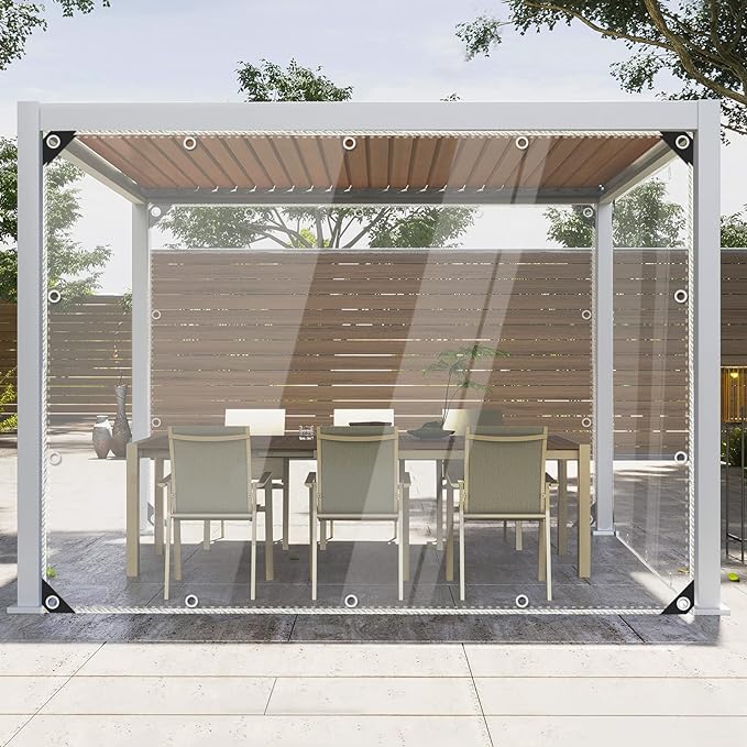 Clear Tarps Heavy Duty Waterproof, 15Mil Transparent PVC Vinyl Tarpaulin with Grommets, Ropes, Reinforced Edge, Tear-Resistant, Anti-UV for Greenhouse, Patio, Garden, Porch, Pavilion, Outdoor