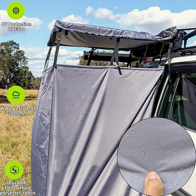 DANCHEL OUTDOOR Car Side Shower Awning with Roof, 3.3x3.3ft Portable Roof Rack Vehicle Shower Privacy Tent Shelter Enclosure Overland Camping Changing Room Bathroom w/LED Light, Gray