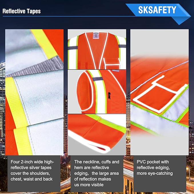 SKSAFETY 10 Pockets Safety Vest, Class 2 High Visibility Security with Zipper Back Mesh, Hi Vis Vest with Reflective Strips, ANSI/ISEA Standard, Construction Work Vest for Men ＆ Women （Orange, 2XL）