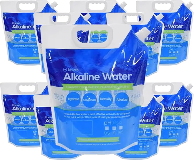 Foldable Water Carry Bags 1.3 Gallon / 5L | Pour Your Alkaline Water into AlkaFRESH +PH | Food Grade BPA Free No-Leak Plastic Container Collapsible Bag | Emergency Storage Jug, Freezable (10 PAK)