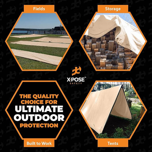 Heavy Duty Tan Poly Tarp 24' X 36' - Multipurpose Protective Cover - Durable, Waterproof, Weather Proof, Rip and Tear Resistant - Extra Thick 12 Mil Polyethylene - by Xpose Safety