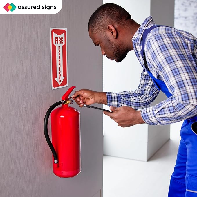 Fire Extinguisher Signs, Safety Sign Sticker - 4 Pack - 4" X 12" - 5 Mil Vinyl Bright Red and White Colors - Durable Self Adhesive, Weatherproof & UV Protected Ideal for Home, Office or Boat