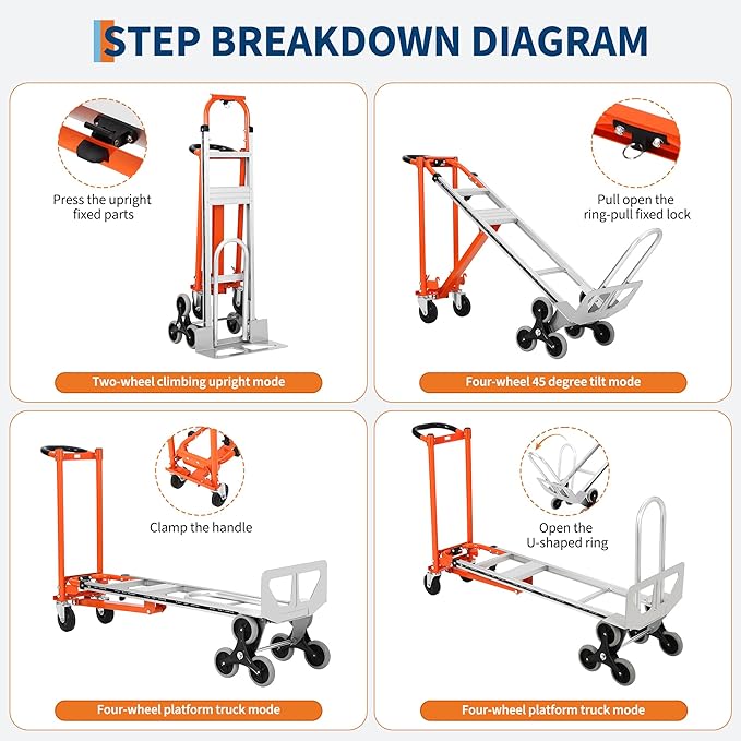 3 in 1 Convertible Hand Truck Dolly, 770 LBS Load Capacity Folding Cart with Stair Climber Wheels, Elastic Straps, Aluminum Convertible Hand Truck for Home, Warehouse, Supermarket, Office