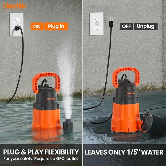 Cleartide Submersible Sump Pump, 1/4 HP Utility Water Pump for Pool Draining, Hot Tub, Basement,100% Copper Motor, Electric Drain Pump Handles 1/8" Solids, 10 FT Cord