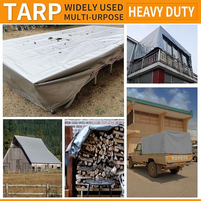 Tarp Heavy Duty Waterproof 9x12ft,TEZONG Silver Plastic Tarp 12Mil Outdoor Tarpaulin Cover for Emergency Rain,Patio Furniture,Wood,Roof,Camping,Car,Pool