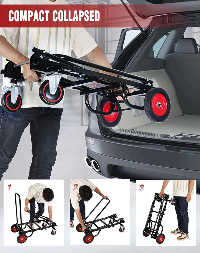 RedSwing Folding Multi-Utility Dolly Cart, Heavy Duty 8-in-1 Convertible Cart Adjustable Hand Truck/Platform Cart with R-Trac Wheels, 38" to 48" Telescoping Frame, 330lbs Load Capacity