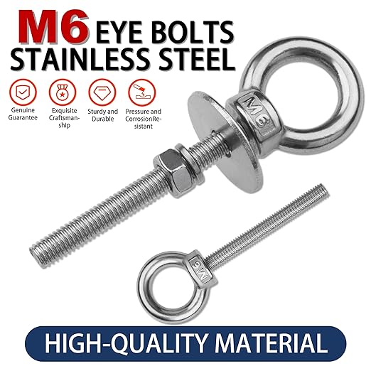 12 Pack M6 Stainless Steel Eye Bolts with Nuts, 1/4" x 2" Long Lifting Ring Eye Bolt， Eye Bolts Heavy Duty for Hang Tie Down Outdoor (12, M6x51mm (1/4"x2"))