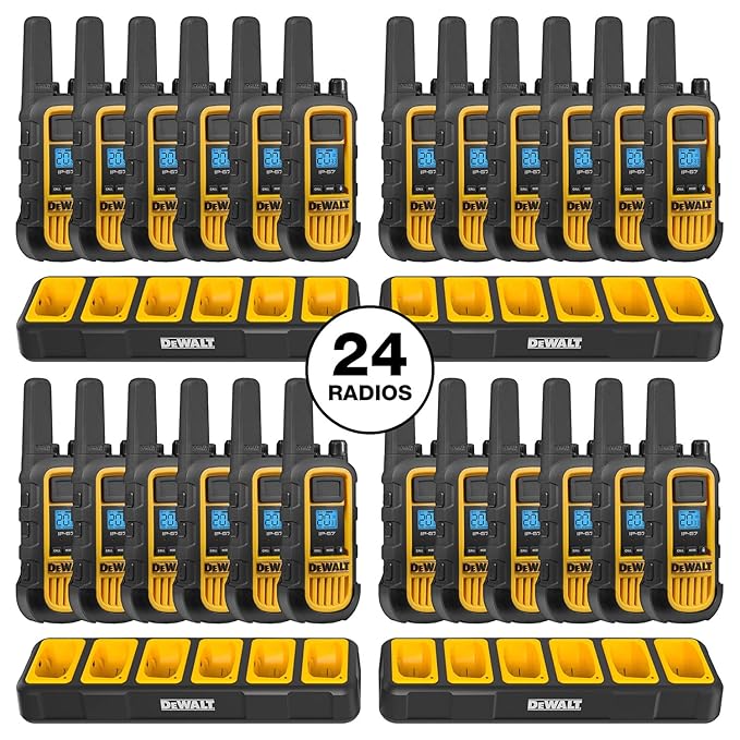 DEWALT FRS Walkie Talkies Long Range 2 Way Radio, 2 Watt, Waterproof & Rechargeable, 24 Pack with 4X Gang Chargers, 4DXFRS800-BCH6