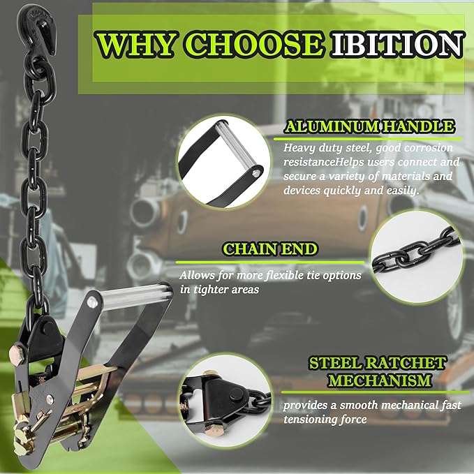 4 Pack Car Tie Down Straps for Trailers with Heavy Duty Chain Anchors 2" x 96" - 3,300 lbs Safe Working Load -Adjustable Wheel Straps with Chain Hook Anchors for Trailers.Green