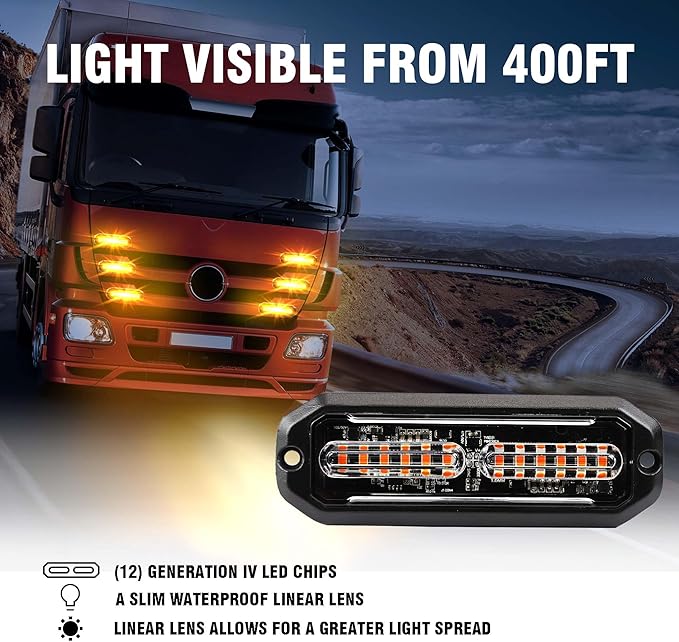 WINECO Amber 8PCS LED Strobe Lights Kit 12V 24V Sync Feature 12 LED Emergency Hazard Warning Lights with Strobe Controller for Trucks Vehicles ATV RV Cars Van