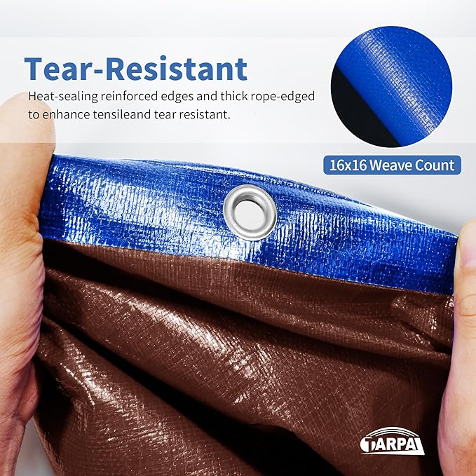 TARPAL 20x20ft Waterproof Heavy Duty Tarp 16Mil Thick with Metal Grommets Every 17.7" Large Multipurpose Tarp Tear-Resistant UV Protection Covers Roof, Pool,Car,Firewood&Outdoor Furniture(Blue/Brown)