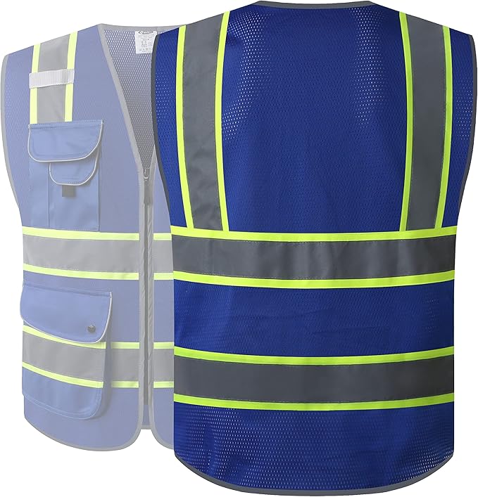 JKSafety 9 Pockets Hi-Vis Zipper Front MESH Neon Blue Safety Vest with Fluorescent Yellow Extended Trim outling the Reflective Tapes Meet ANSI/ISEA Standards (100-Mesh-Blue, 5X-Large)