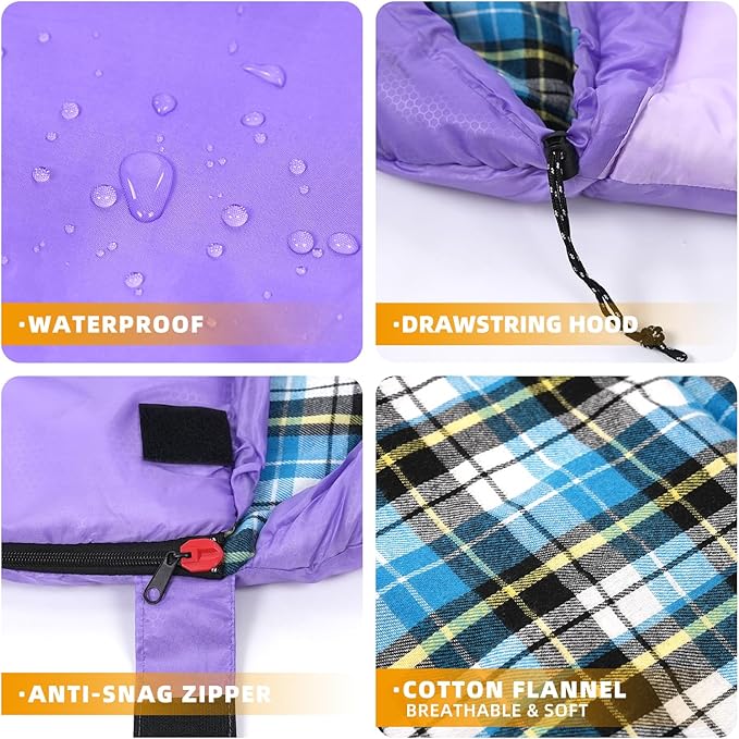 Cotton Flannel Lined Sleeping Bag for Adults Teens Kids, Cold Weather & Warm, 3 Seasons, Lightweight Compact Camping Essentials Equipment, Hiking, Outdoor, Travel