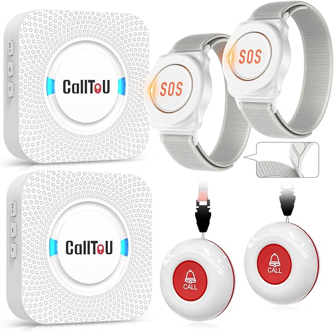 CallToU Caregiver Pager Wireless Call Button Nurse Alert System 500+ Feet for Home/Elderly/Patient/Disabled 2 Plugin Receiver 2 Waterproof Transmitter 2 Watches Transmitter