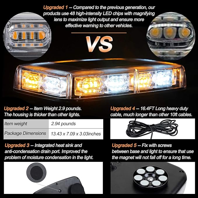 ASPL 2pcs 48LED Roof Top Strobe Lights, High Visibility Emergency Safety Warning LED Mini Strobe Light bar with Magnetic Base for 12-24V Snow Plow, Trucks, Construction Vehicles (Amber/White)