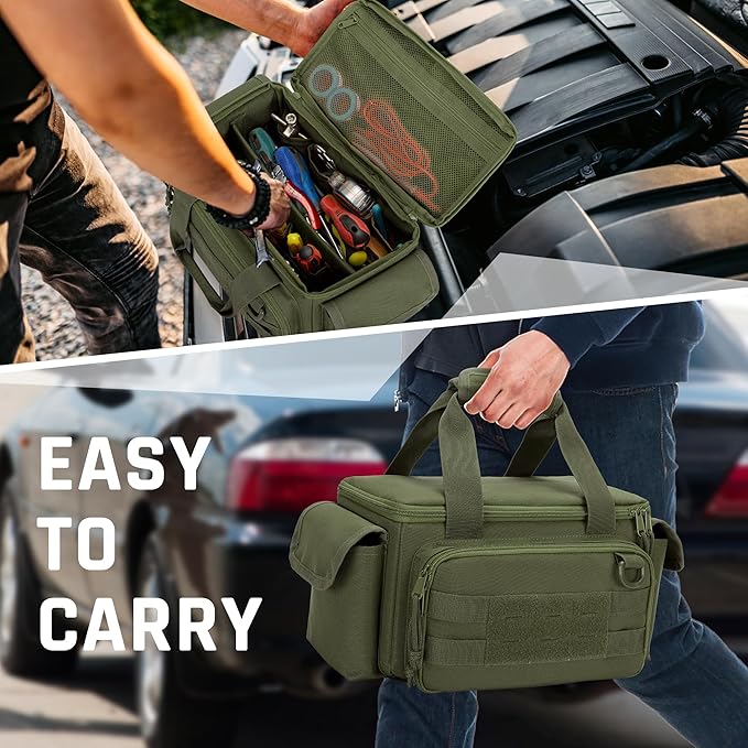 Small Tool Bag with Anti-friction and Thick Padded Bottom, Tool Storage Organizer for Men, Tactical Range Bag, Multi-functional Work Bag for Repairman, Electrician, Carpenters (Green)