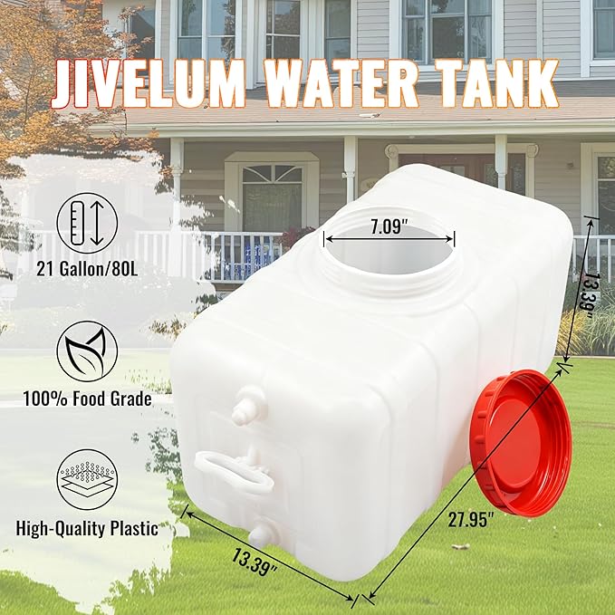 21Gallon/80L Water Storage Tank, Portable Water Tank for Outdoor Camping,Farms and Gardens, Rectangular Translucent White