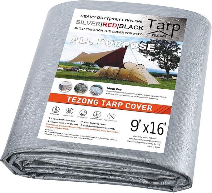 TEZONG Heavy Duty Waterproof 9x16ft Silver/Green-12 Mil Tarp, 12Mil Polyethylene (PE) Tarpaulin for Camping, Hunting, Boat Cover, Emergency Preparedness