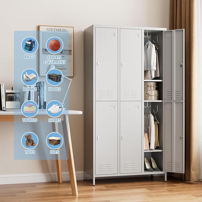 6 Doors Metal Locker Employee with Business Card Holder,Metal Locker for Employees with 18 Hooks for School Garage Office Gym Home,Assembly Required,Light Grey