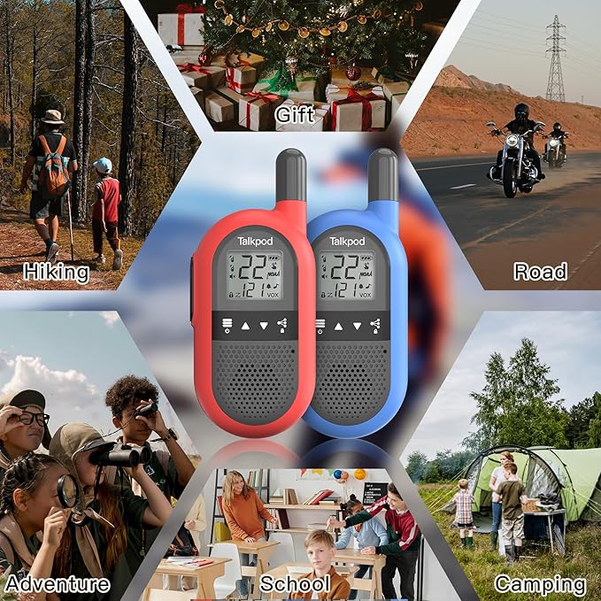 Talkpod F40 Walkie Talkies 2 Pack for Kids, Adults, Handheld FRS 2 Way Radio with Li-ion Battery 22CH Family Walkie Talkie with VOX LCD Display for Outside Adventures, Camping, Hiking (Red ＆ Blue)