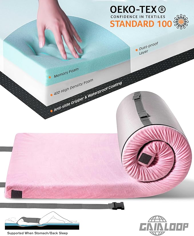 3 Inch Memory Foam Camping Mattress, Dual Layer Thick Sleeping Camp Pad for Car Tent Cot, Roll-Up Portable Glamping Floor Bed for Guests Sleepover