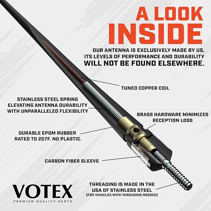 Votex - The Spartan - 13 3/4 Inch Rubber Antenna - USA Stainless Steel Threading - Silver Carbon Fiber Trim - Tuned Internal Copper Coil - A601-HHU-15