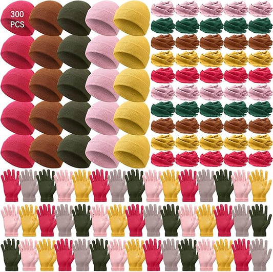 Unittype 300 Pcs Winter Homeless Care Supplies Bulk - Beanies Caps Gloves Scarves Set for Community Charity Church Donation