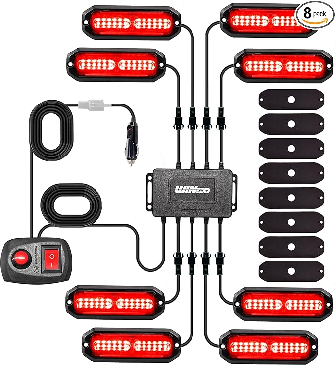 WINECO 8PCS LED Strobe Lights kit 12V Sync Feature Red 12LED Emergency Hazard Warning Lights with Strobe Controller for Trucks Vehicles ATV RV Cars Van