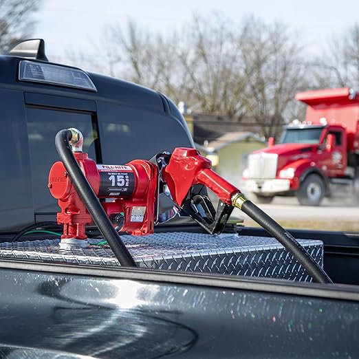 Fill-Rite FR1210HA 12V 15 GPM Fuel Transfer Pump with Discharge Hose & Automatic Nozzle, Red | Gasoline, Diesel, Kerosene, Ethanol & Methanol Blends & Biodiesel