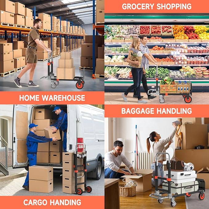 3-in-1 Heavy Duty Folding Hand Truck, 500LB Capacity Convertible Steel Dolly Cart with 360° Swivel Wheels & Telescopic Handle, Foldable Utility Wagon for Moving, Warehouse and Shopping