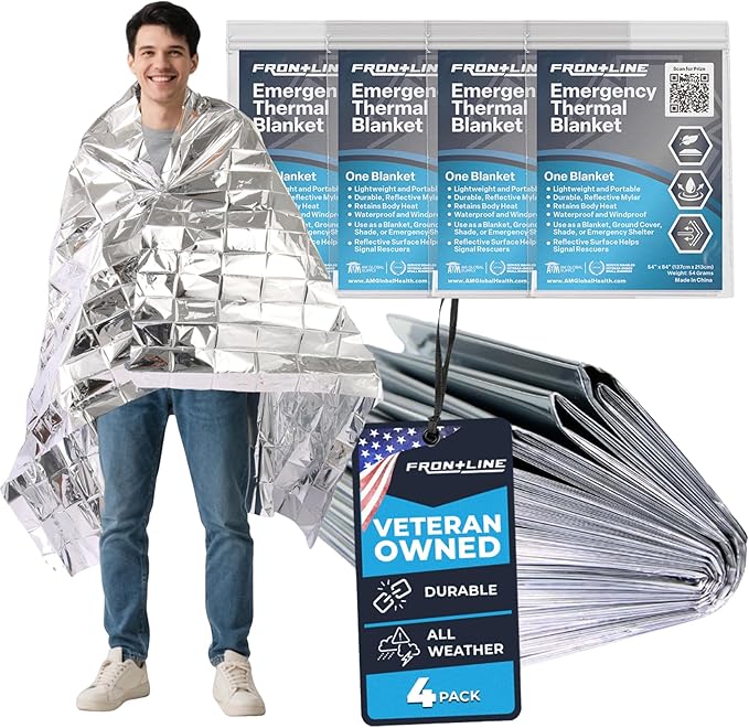 FRONTLINE Mylar Emergency Blankets 54" x 84" | Lightweight Thermal Survival Space Blanket, Waterproof & Windproof Foil Blanket for Camping, Hiking, First Aid & Disaster Preparedness (4)