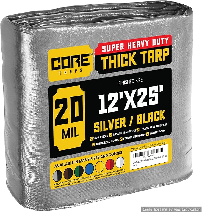 Core Tarps Extreme Heavy Duty 20 Mil Tarp Cover, Waterproof, UV Resistant, Rip and Tear Proof, Poly Tarpaulin with Reinforced Edges for Roof, Camping, Patio, Pool, Boat (Silver/Black 12′ X 25′)