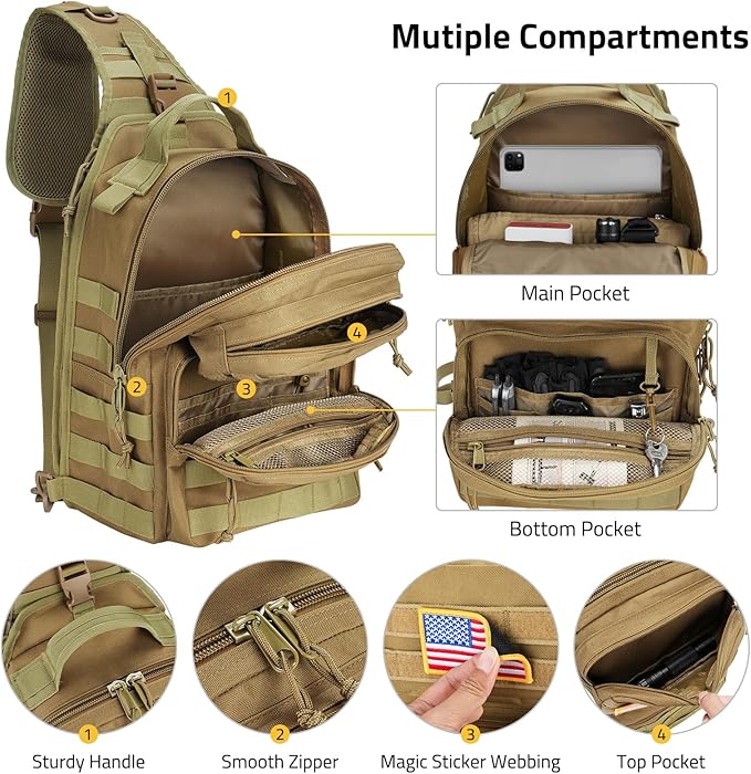 CVLIFE Tactical Sling Bag Backpack for Men Military Shoulder Sling Bag Molle Army Assault Detachable Tactical Bag with Bottle Holder Concealed Carry Daily Day Pack Work Bag for EDC Hiking, Khaki