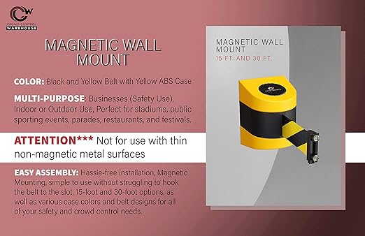 Crowd Control Warehouse - CCW Series WMB-230 Magnetic Wall Mount Retractable Belt Barrier - 30 Foot, Black and Yellow Safety Belt with Yellow ABS Case