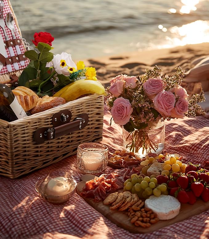 Picnic Basket for 2 with Waterproof Picnic Blanket, Wicker Picnic Set Kit with Cooler for Beach, Insulated Picnic Baskets, Bridal Shower Gift Wedding Gifts with Mr Mrs Wine Glasses and Greeting Card