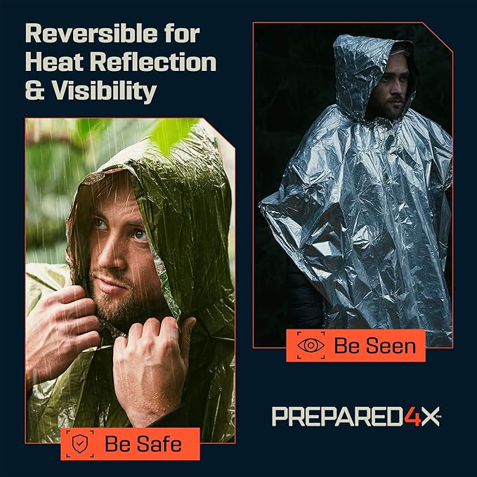 PREPARED4X Emergency Poncho and Mylar Blanket Liner - Waterproof, Wind-Resistant Outdoor Rain Poncho for Camping, Emergencies