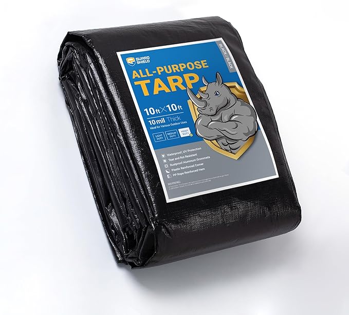GUARD SHIELD Tarps Heavy Duty Waterproof 10x10 Feet Black Poly Tarp Cover Square Outdoor Thick UV Resistant Tarpaulin with Grommets 10mil