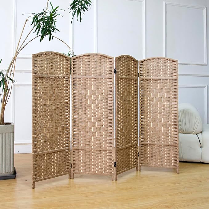 4 Panel Rattan Divider Short Room Partition Screen,Double Sided Folding Divider for Room Separation,Light Brown,47.2" H x 63" W