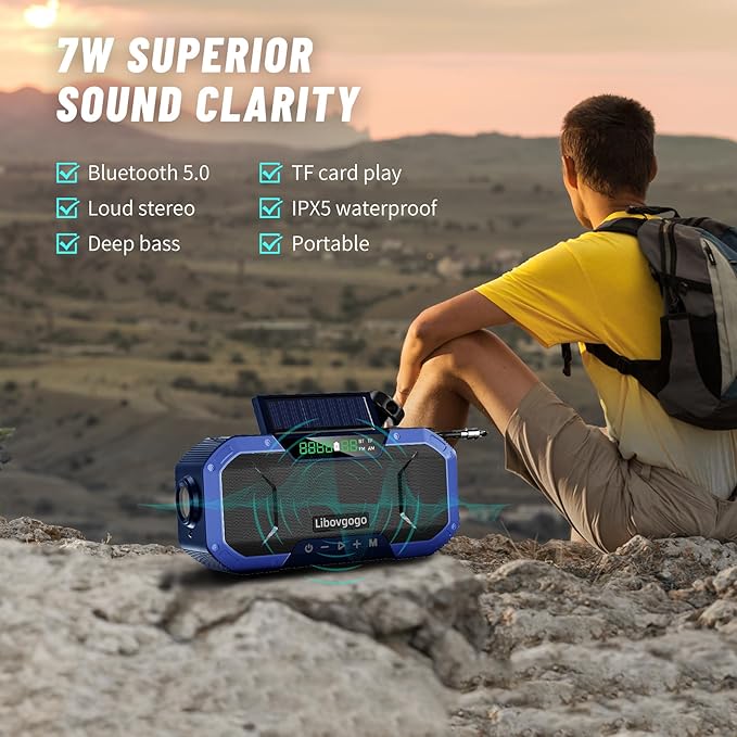 Emergency Radio Waterproof Bluetooth Speaker,Portable Digital AM FM Radio with 5000mAH Cell Phone Charger,Flashlight,Reading Lamp,Hand Crank NOAA Weather Radio with Solar Panel,Emergency Survival Kit
