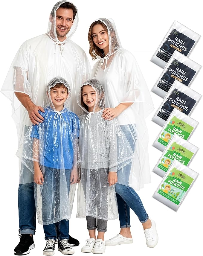 Hitituto Rain Ponchos Family Pack Kids– 6/12/24 Pack Disposable Poncho with Hood, Clear & Assorted Colors, Home Survival Kits