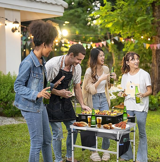 C Square Folding Height Adjustable Aluminum Table - 23.6"x23.6" White, Mesh Bag, Carry Handle, Ideal for Grill, Camping, Outdoor, Card Games