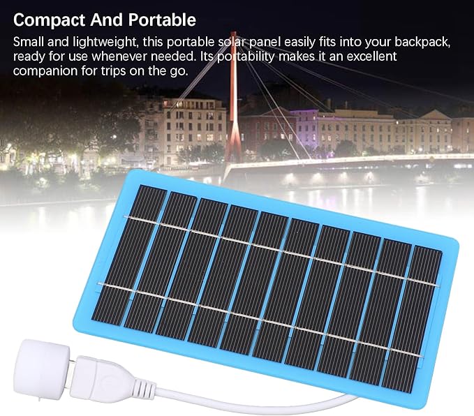 SIXRUN 5W Portable Solar Panel USB Solar Charger Foldable Charger with USB Light for Outdoor Camping Hiking Emergency Phone Charging