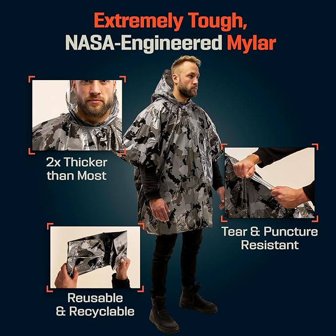 PREPARED4X Emergency Poncho and Mylar Blanket Liner - Waterproof, Wind-Resistant Outdoor Rain Poncho for Camping, Emergencies
